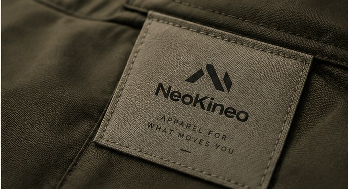 Close-up of a NeoKineo apparel label on durable olive fabric